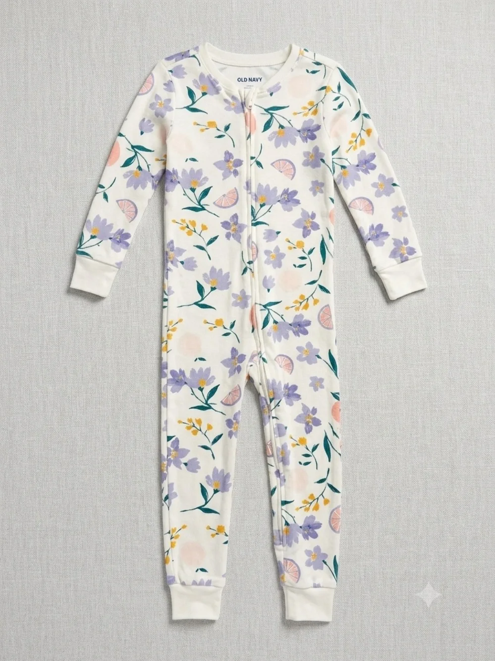 Old Navy Cream Floral Zip Footed Pajama One-Piece with Purple and Yellow Flowers